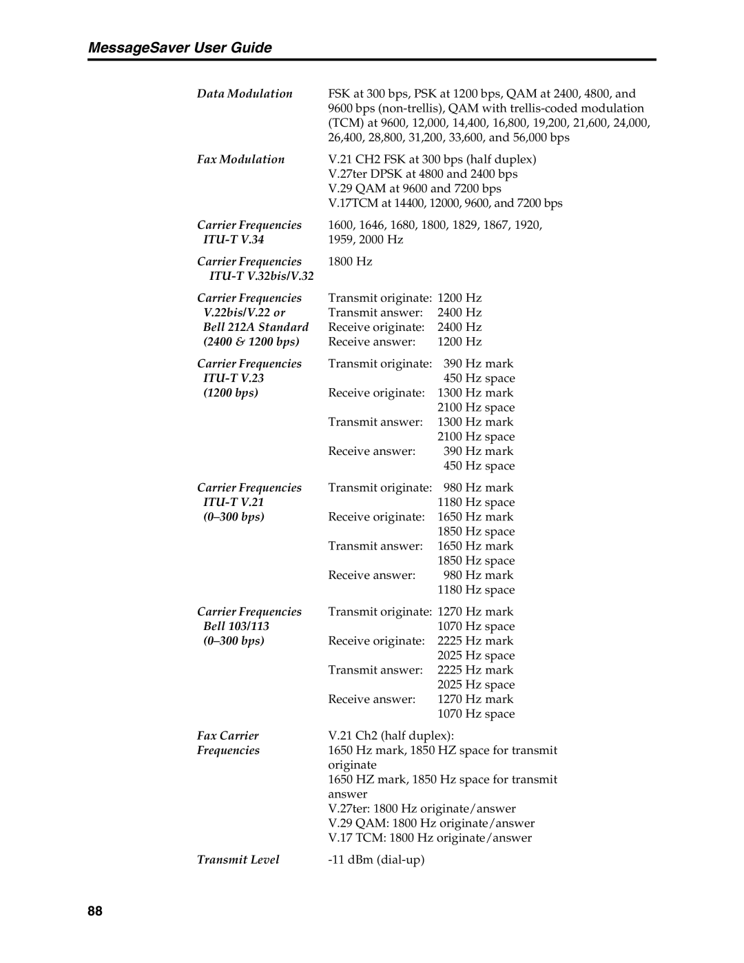 Multi-Tech Systems MT5634MSV manual Carrier Frequencies 