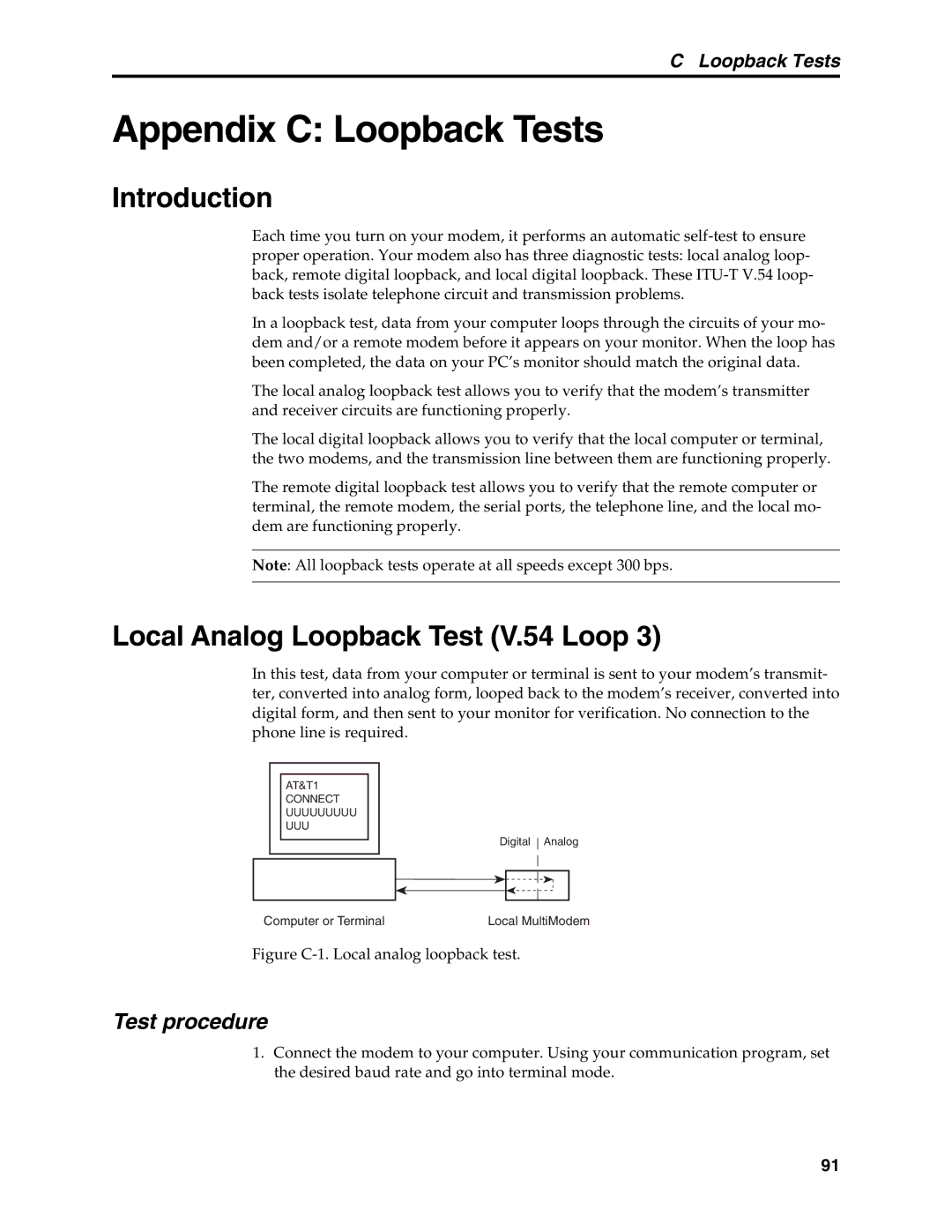 Multi-Tech Systems MT5634MSV manual Local Analog Loopback Test V.54 Loop, Test procedure 