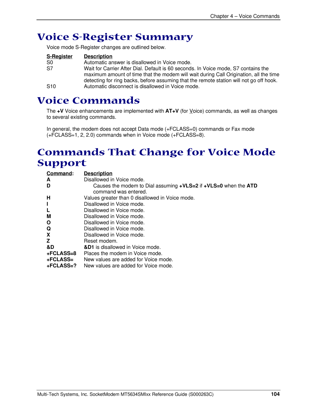 Multi-Tech Systems MT5634SMI V.92 Voice S-Register Summary, Voice Commands, Commands That Change for Voice Mode Support 