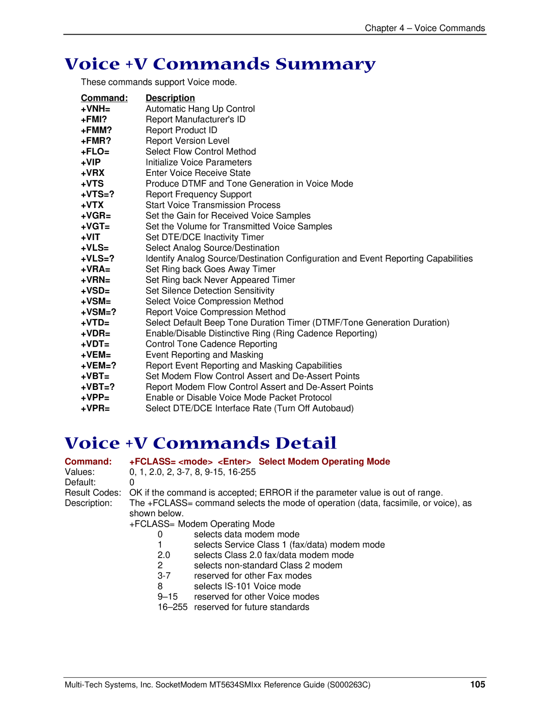 Multi-Tech Systems MT5634SMI V.34, MT5634SMI V.92 manual Voice +V Commands Summary, Voice +V Commands Detail 