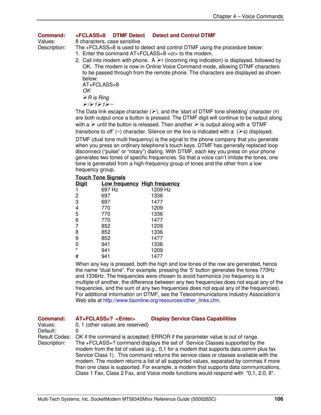 Multi-Tech Systems MT5634SMI V.92 Command +FCLASS=8 Dtmf Detect Detect and Control Dtmf, AT+FCLASS=8, ¾R is Ring, 106 