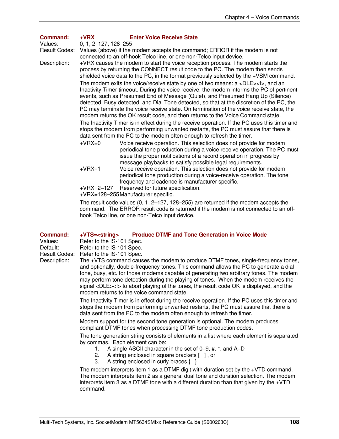 Multi-Tech Systems MT5634SMI V.92, MT5634SMI V.34 manual Enter Voice Receive State, 108 