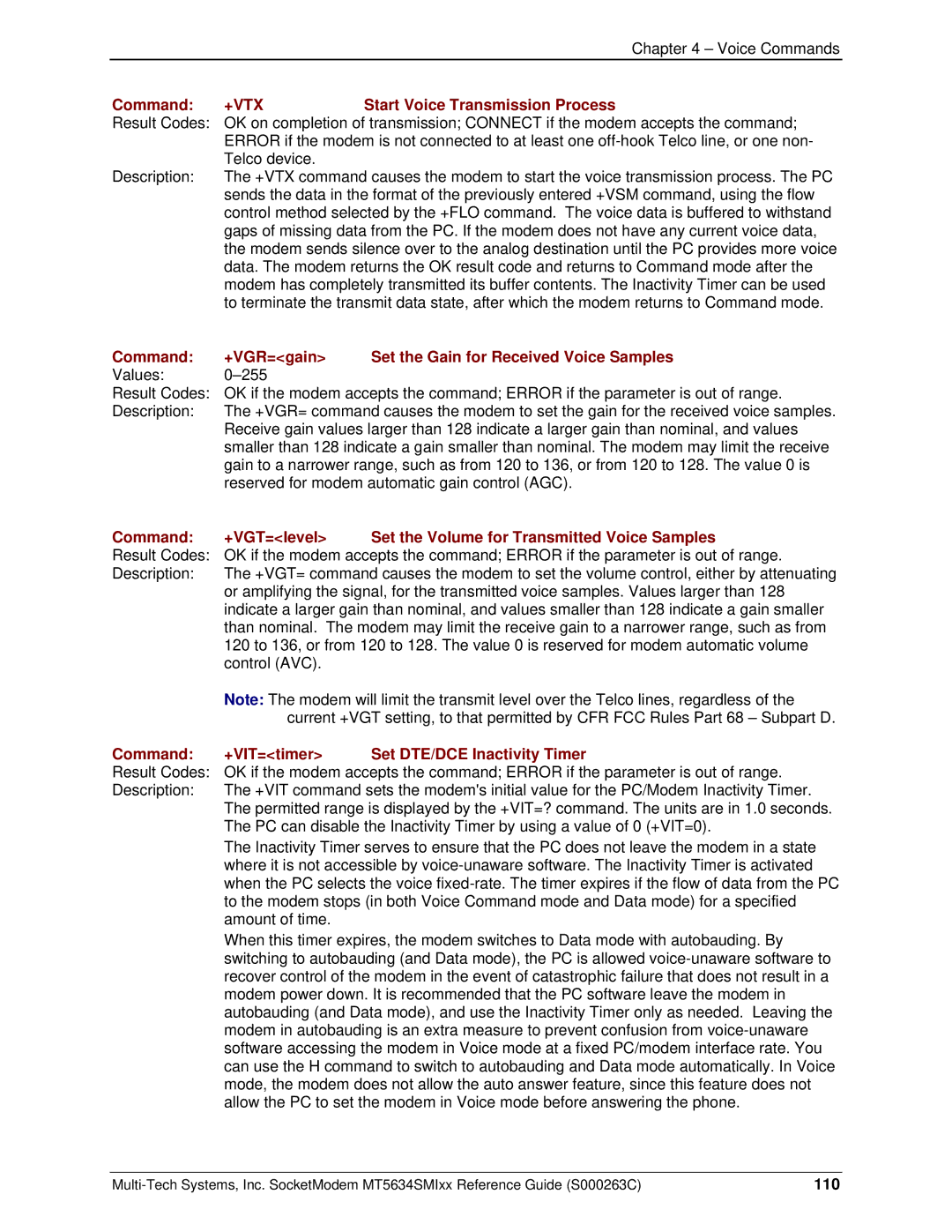 Multi-Tech Systems MT5634SMI V.92 Start Voice Transmission Process, Command +VIT=timer Set DTE/DCE Inactivity Timer, 110 