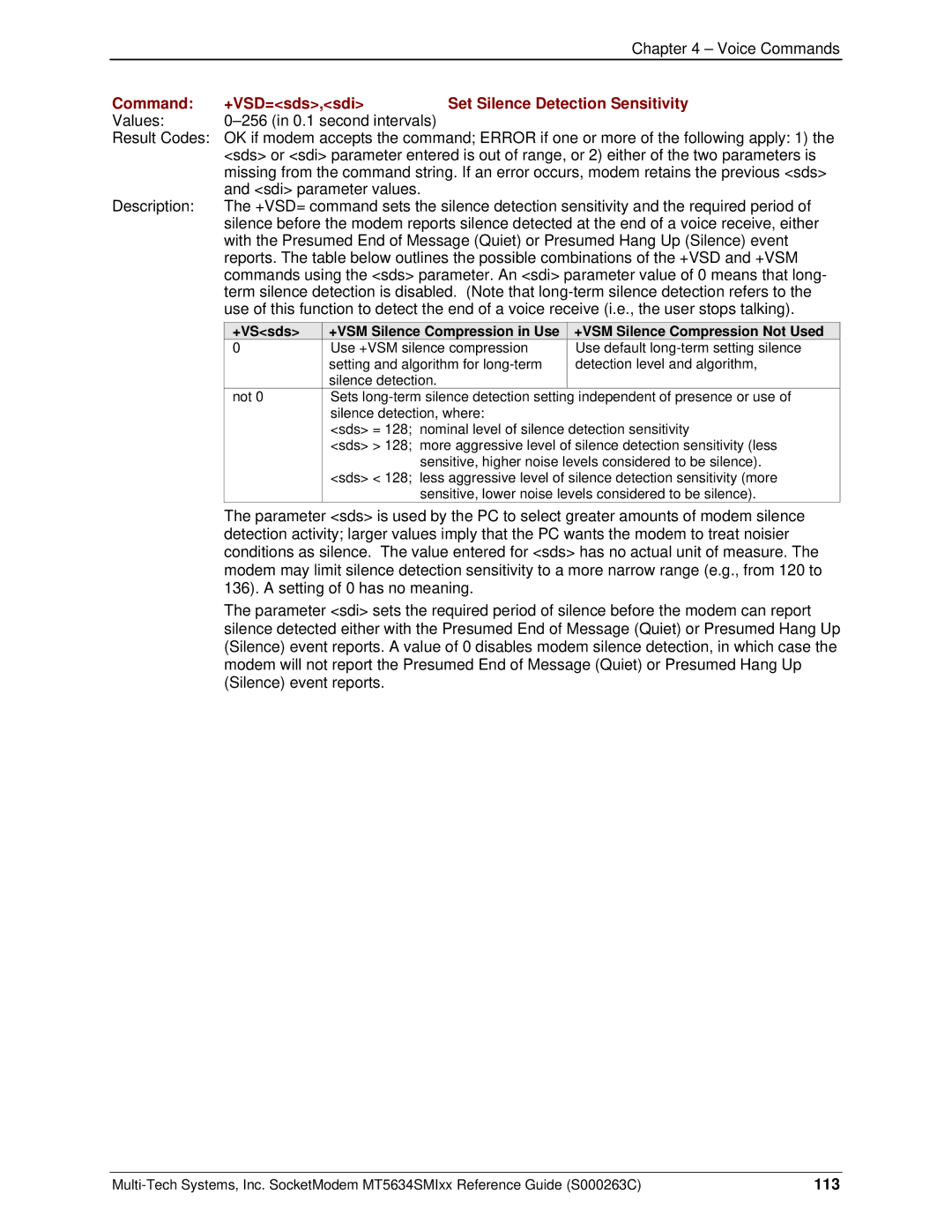 Multi-Tech Systems MT5634SMI V.34, MT5634SMI V.92 manual Command +VSD=sds,sdi Set Silence Detection Sensitivity, 113 