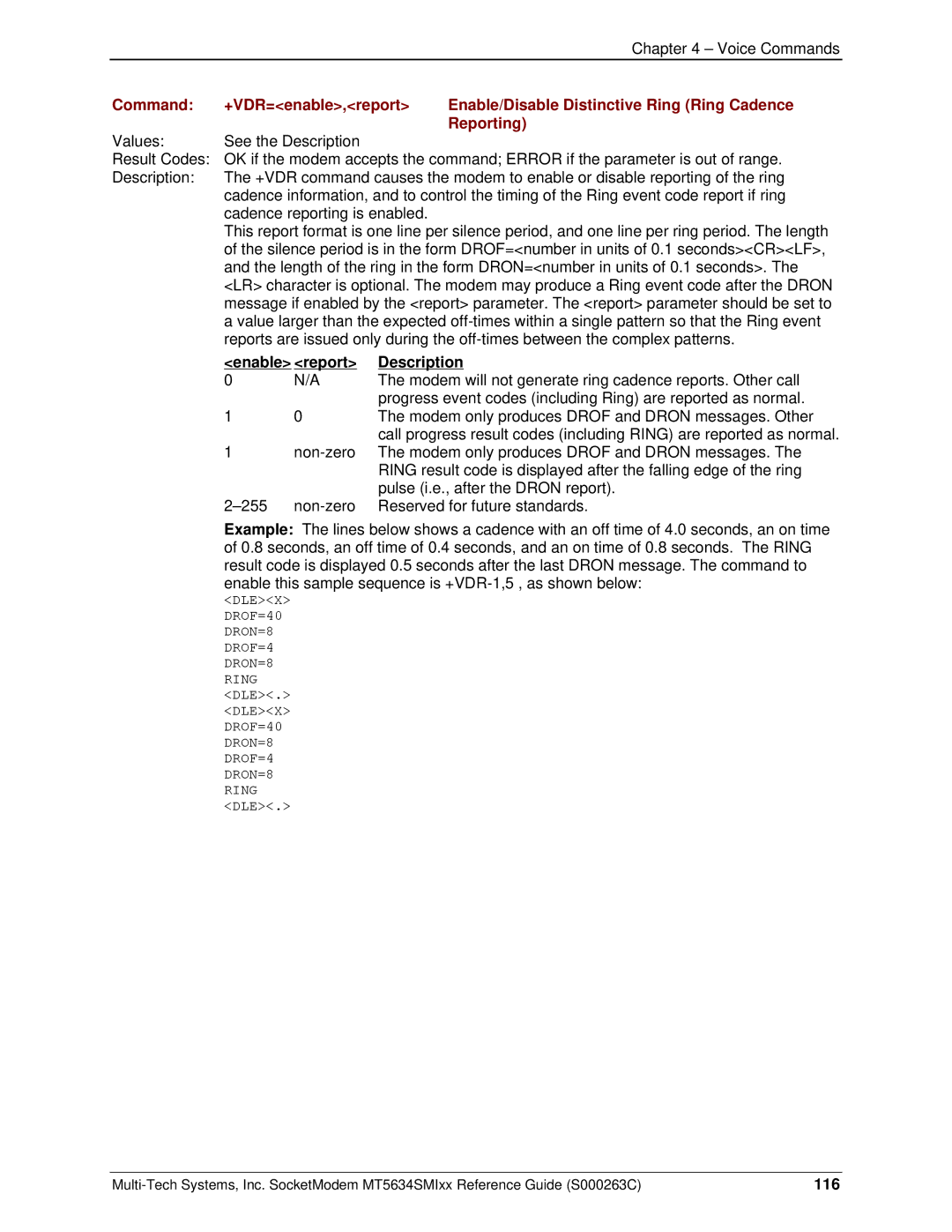 Multi-Tech Systems MT5634SMI V.92, MT5634SMI V.34 manual Enable report Description, 116 