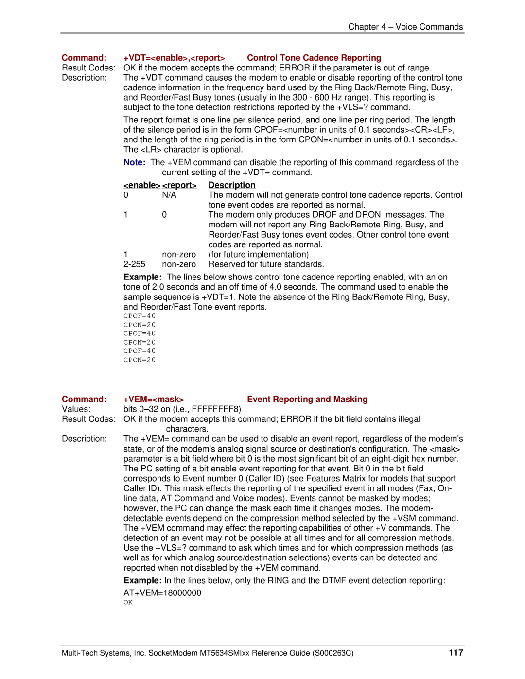 Multi-Tech Systems MT5634SMI V.34, MT5634SMI V.92 manual Command +VDT=enable,report Control Tone Cadence Reporting, 117 