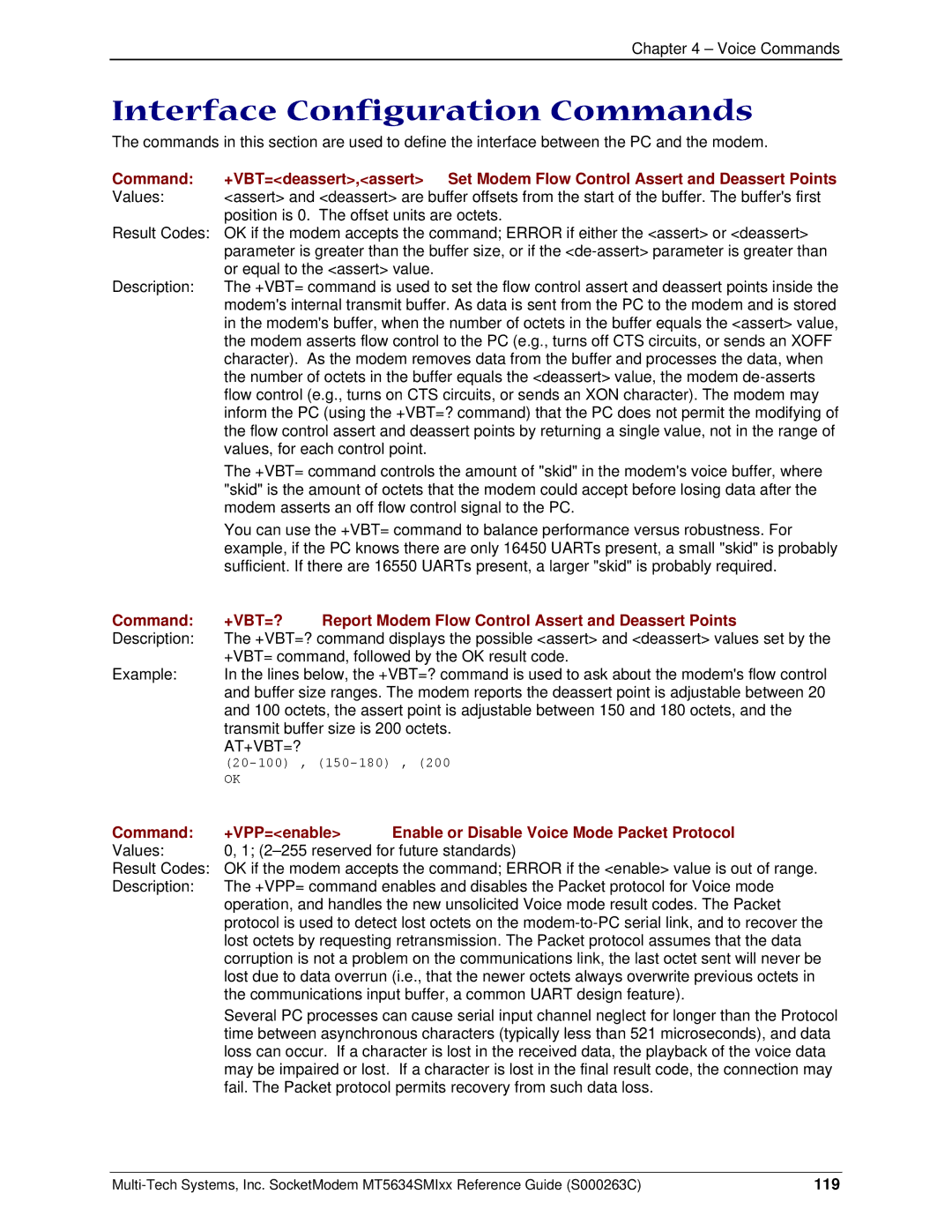 Multi-Tech Systems MT5634SMI V.34, MT5634SMI V.92 manual Interface Configuration Commands, At+Vbt=?, 119 