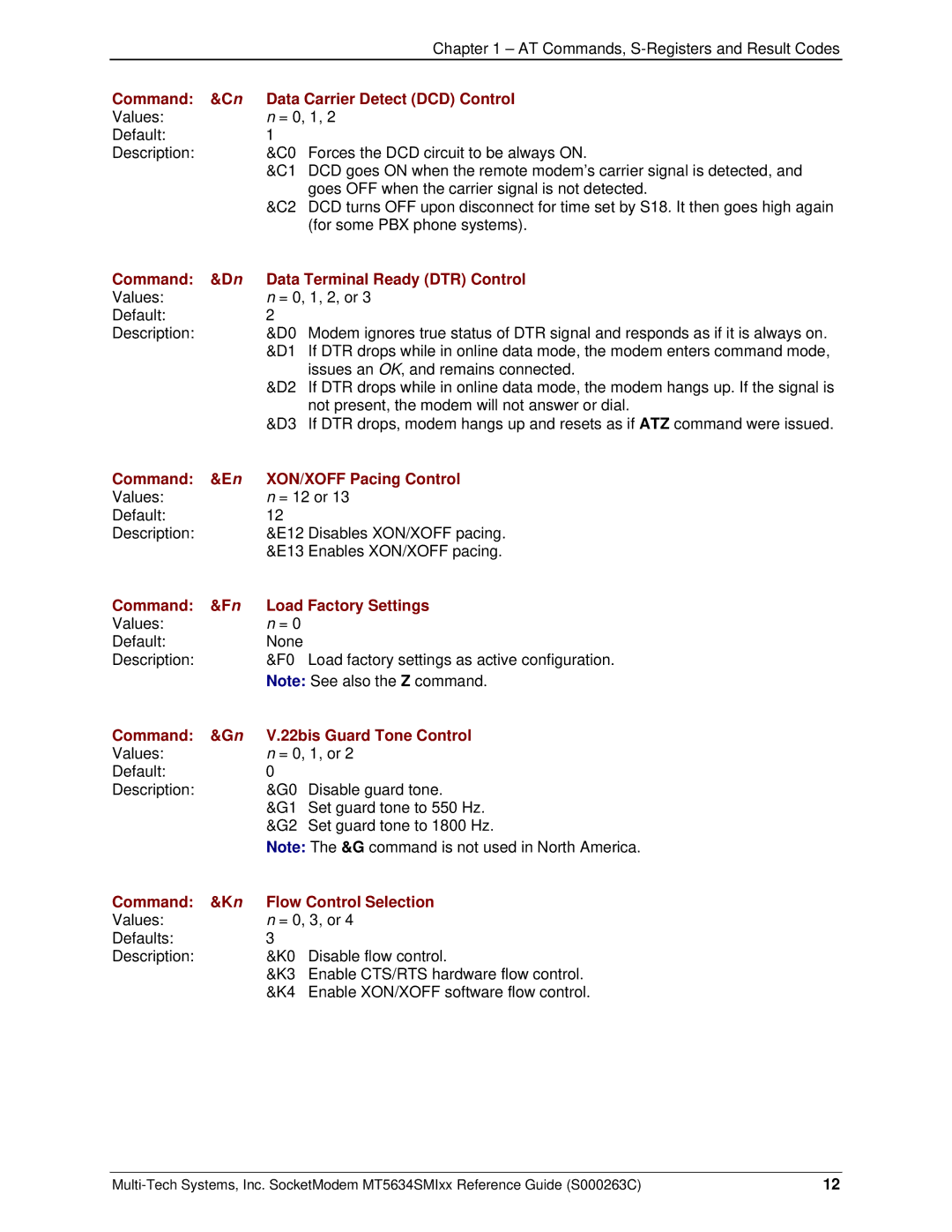 Multi-Tech Systems MT5634SMI V.92 manual Command Data Carrier Detect DCD Control, Command Data Terminal Ready DTR Control 