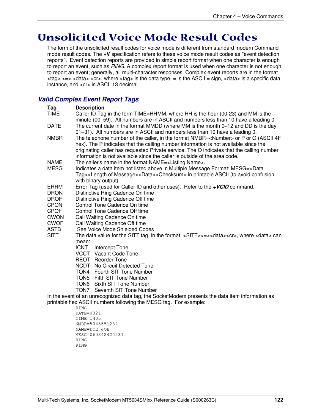 Multi-Tech Systems MT5634SMI V.92 Unsolicited Voice Mode Result Codes, Valid Complex Event Report Tags, Tag Description 