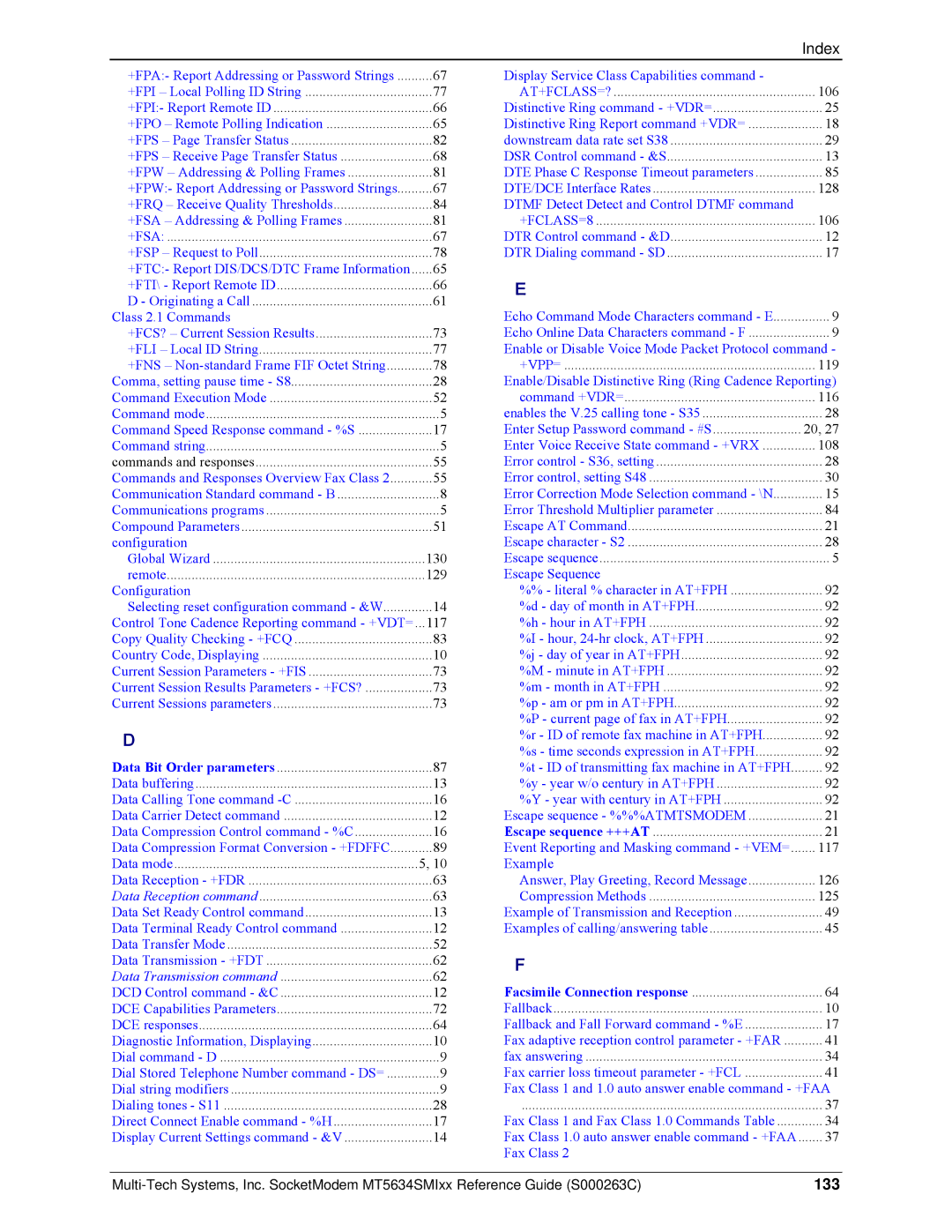 Multi-Tech Systems MT5634SMI V.34, MT5634SMI V.92 manual 133, +Fsa 