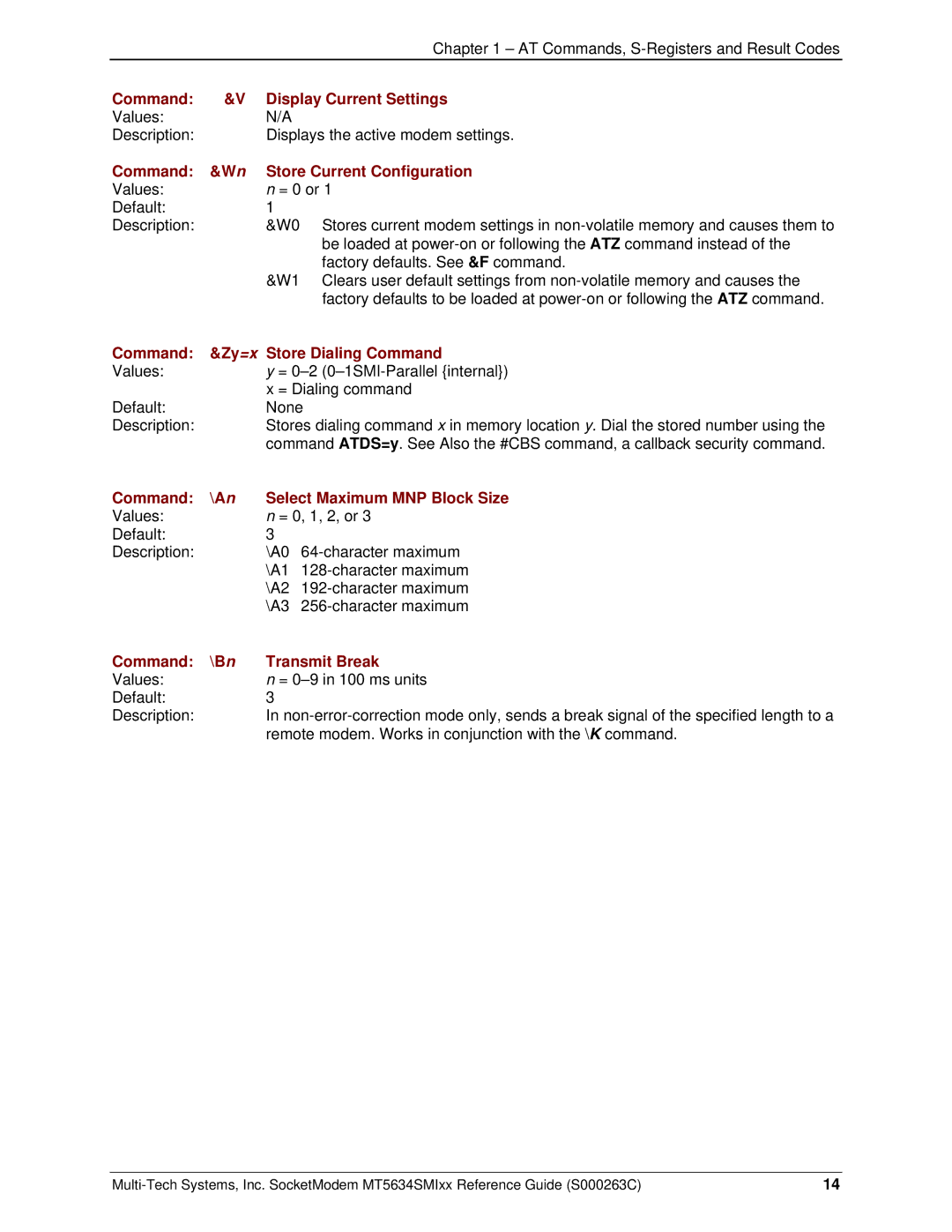 Multi-Tech Systems MT5634SMI V.92, MT5634SMI V.34 Command Display Current Settings, Command Store Current Configuration 