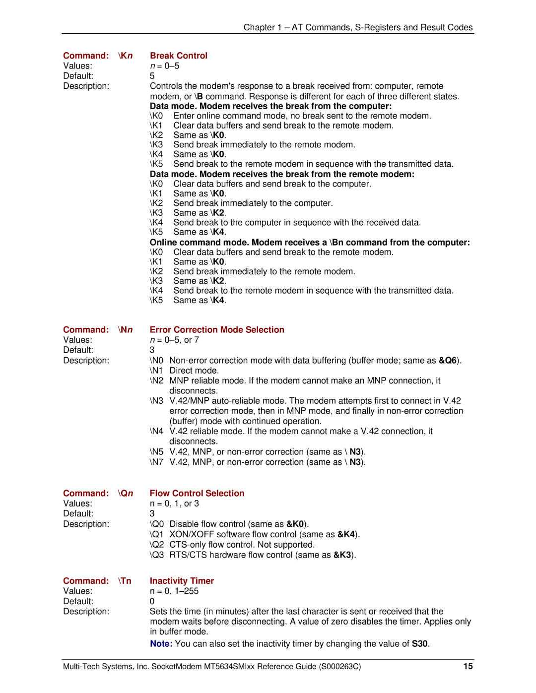 Multi-Tech Systems MT5634SMI V.34, MT5634SMI V.92 Command \Kn Break Control, Command \Nn Error Correction Mode Selection 