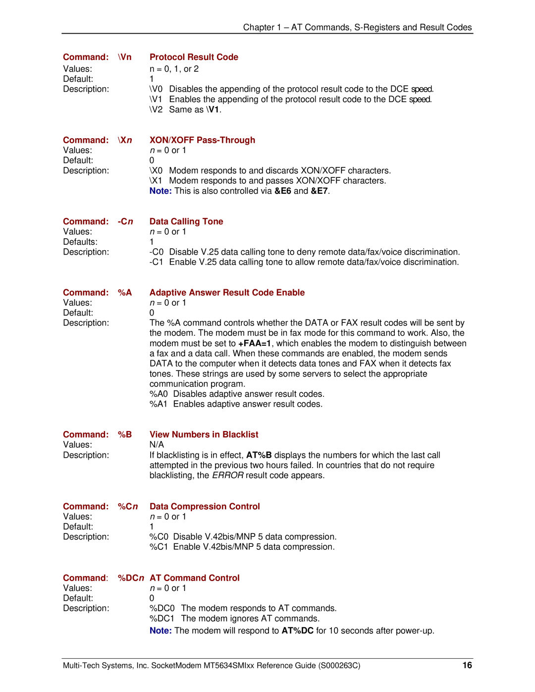 Multi-Tech Systems MT5634SMI V.92, MT5634SMI V.34 manual Command \Vn Protocol Result Code, Command \Xn XON/XOFF Pass-Through 