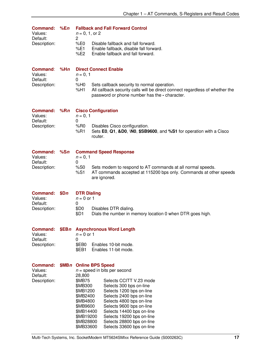 Multi-Tech Systems MT5634SMI V.34, MT5634SMI V.92 Command Fallback and Fall Forward Control, Command Direct Connect Enable 