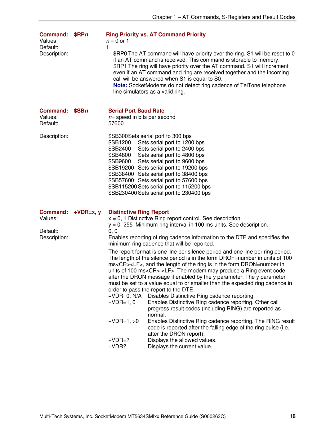 Multi-Tech Systems MT5634SMI V.92 Command $RPn Ring Priority vs. AT Command Priority, Command $SBn Serial Port Baud Rate 