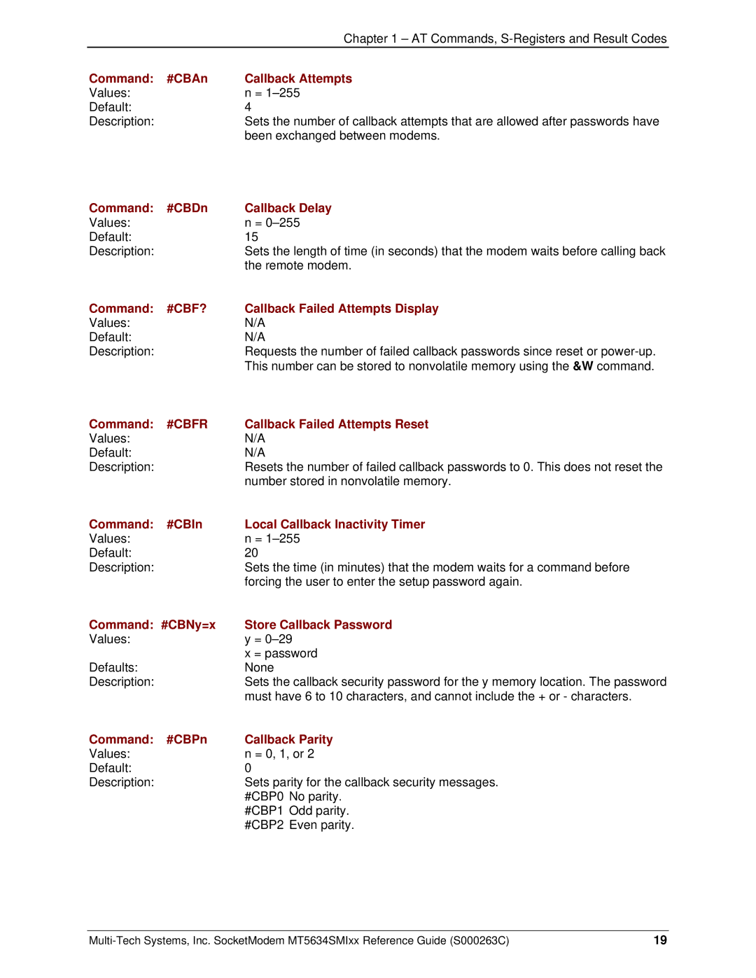Multi-Tech Systems MT5634SMI V.34, MT5634SMI V.92 manual Command #CBAn Callback Attempts, Command #CBDn Callback Delay 