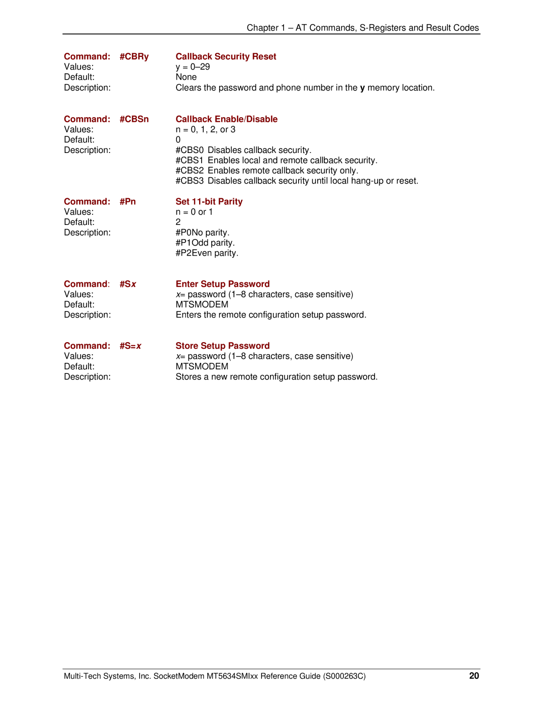 Multi-Tech Systems MT5634SMI V.92 manual Command #CBRy Callback Security Reset, Command #CBSn Callback Enable/Disable 