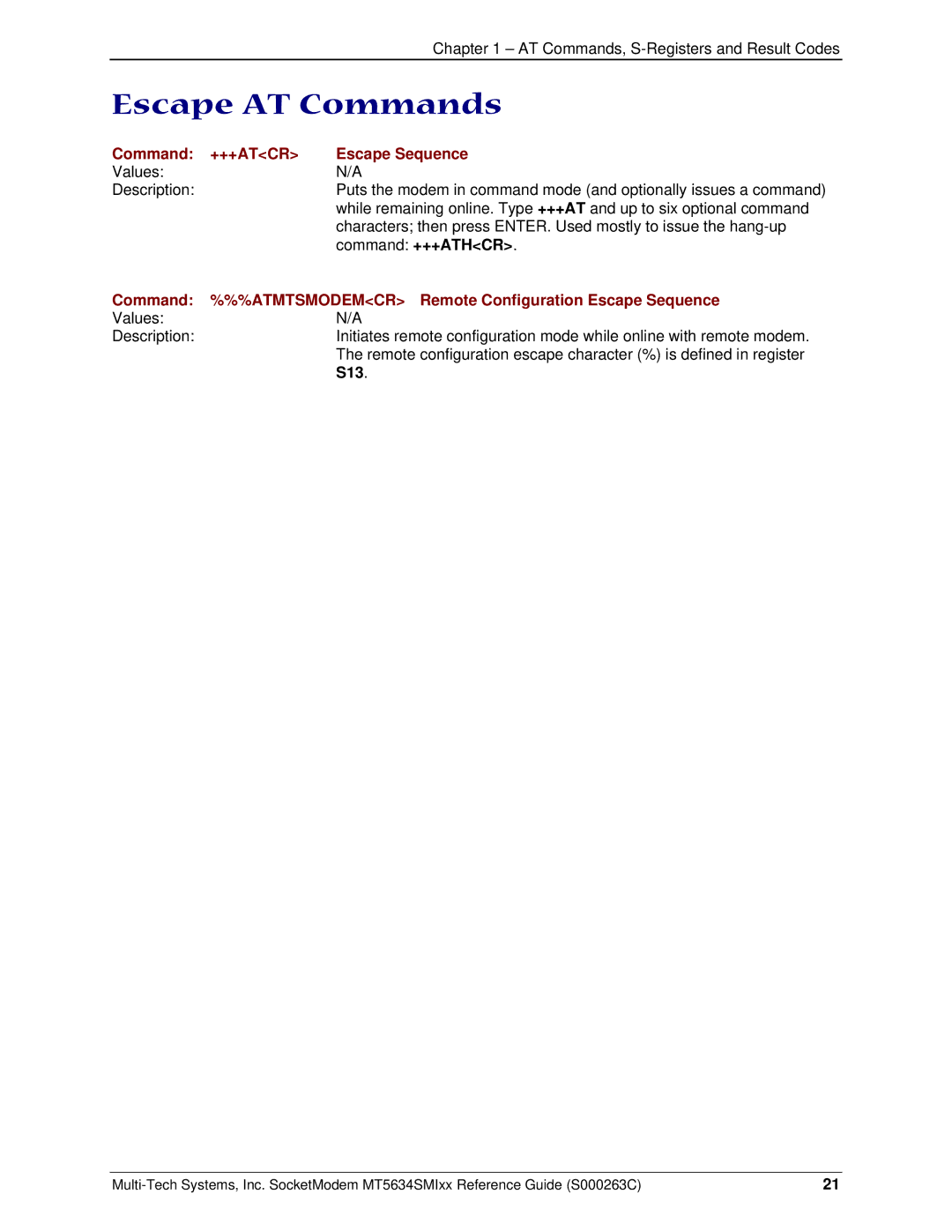 Multi-Tech Systems MT5634SMI V.34, MT5634SMI V.92 manual Escape AT Commands, Command +++ATCR Escape Sequence, S13 