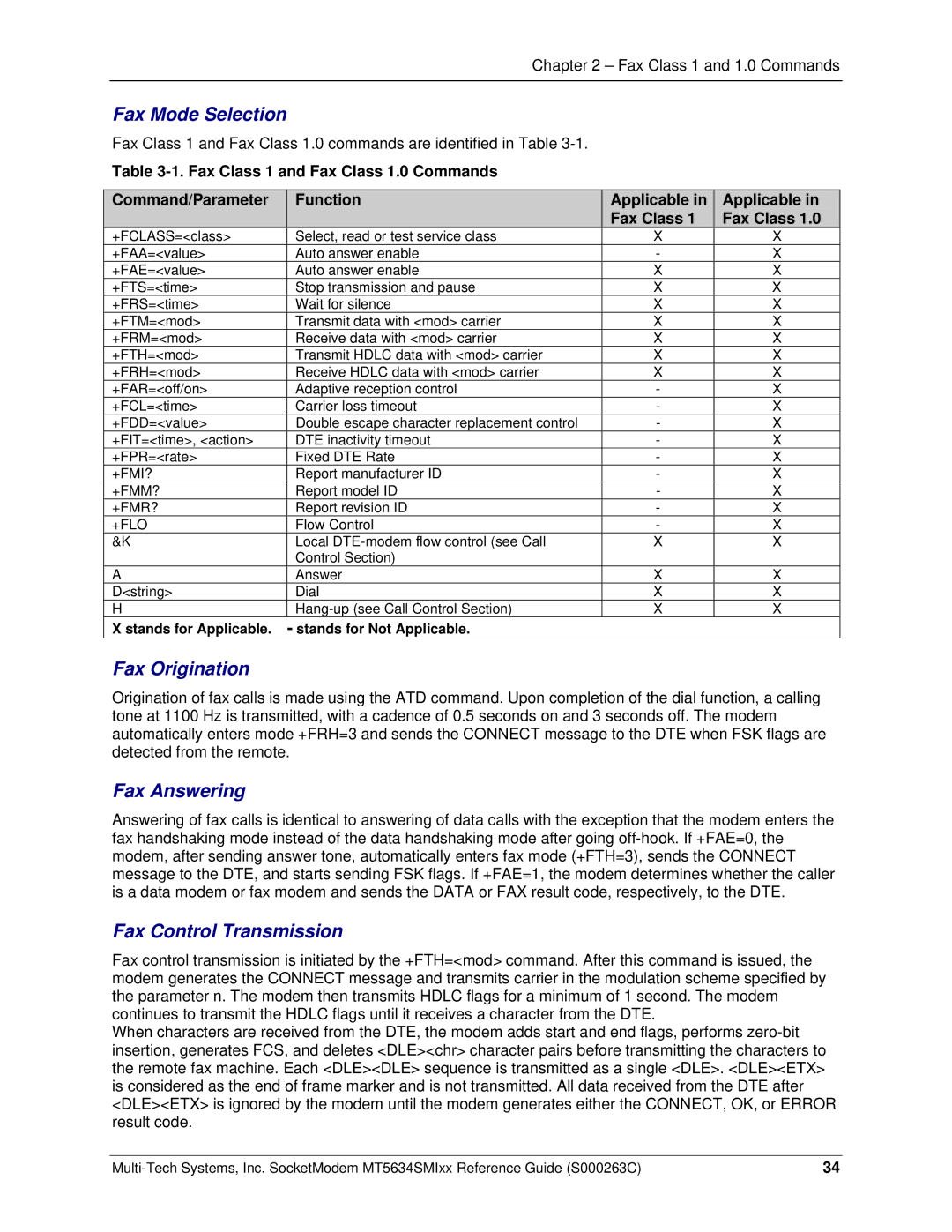 Multi-Tech Systems MT5634SMI V.92 manual Fax Mode Selection, Fax Origination, Fax Answering, Fax Control Transmission 