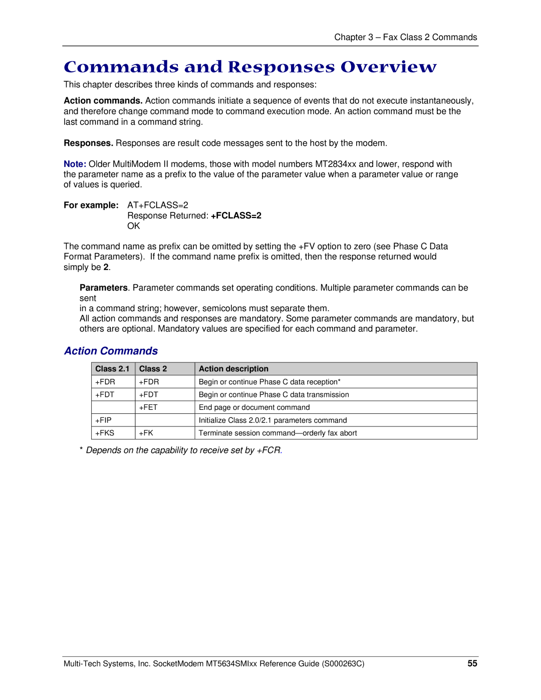 Multi-Tech Systems MT5634SMI V.34 manual Commands and Responses Overview, Action Commands, For example AT+FCLASS=2 