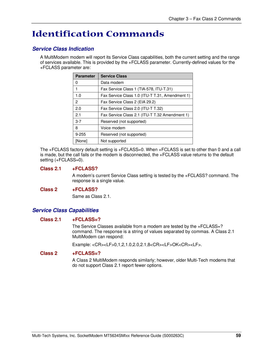 Multi-Tech Systems MT5634SMI V.34 Identification Commands, Service Class Indication, Service Class Capabilities, +Fclass? 