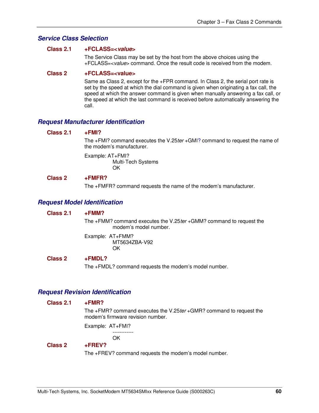 Multi-Tech Systems MT5634SMI V.92, MT5634SMI V.34 manual Service Class Selection, Request Manufacturer Identification 