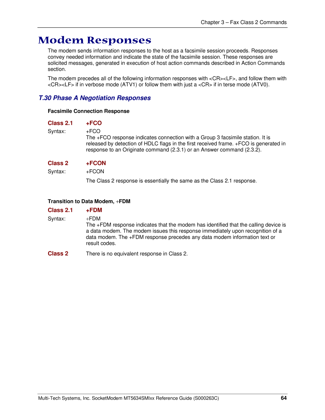 Multi-Tech Systems MT5634SMI V.92, MT5634SMI V.34 manual Modem Responses, Phase a Negotiation Responses, +Fcon, +Fdm 