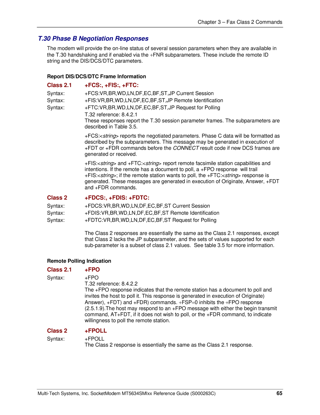 Multi-Tech Systems MT5634SMI V.34 Phase B Negotiation Responses, Class +FCS, +FIS, +FTC, +Fdcs, +Fdis +Fdtc, +Fpoll 