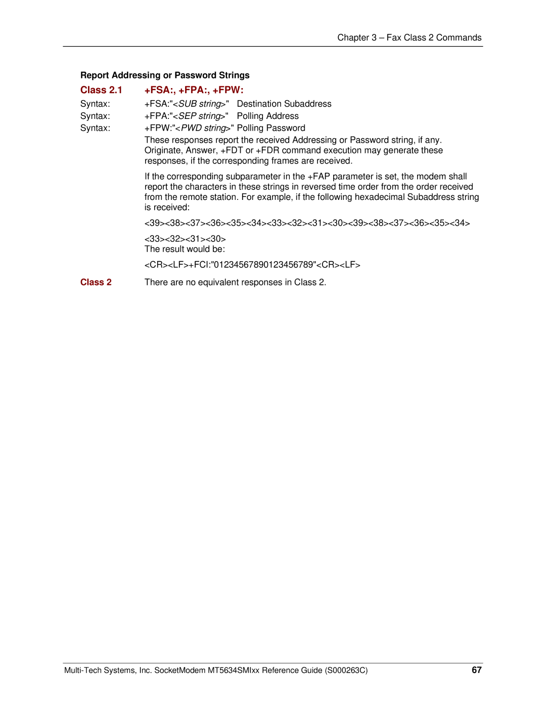 Multi-Tech Systems MT5634SMI V.34 manual Class +FSA, +FPA, +FPW, Report Addressing or Password Strings, +FSASUB string 
