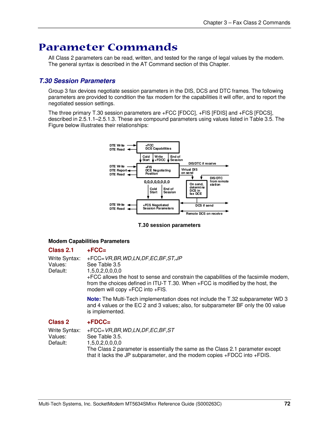 Multi-Tech Systems MT5634SMI V.92 Parameter Commands, Session Parameters, +Fcc=, +Fdcc=, Modem Capabilities Parameters 