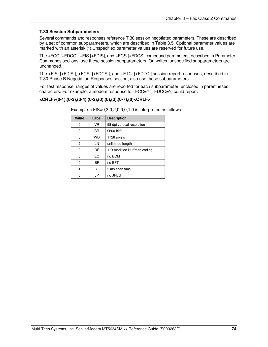 Multi-Tech Systems MT5634SMI V.92, MT5634SMI V.34 manual Session Subparameters, CRLF0-1,0-3,0-4,0-2,0,0,0,0-7,0CRLF 