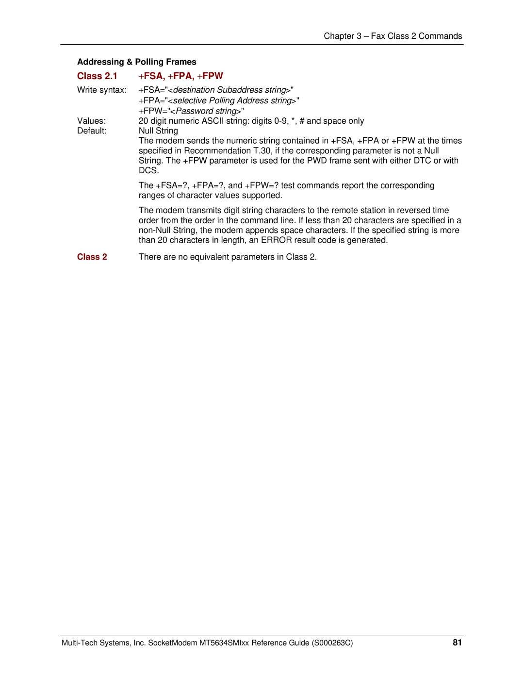 Multi-Tech Systems MT5634SMI V.34, MT5634SMI V.92 Addressing & Polling Frames, + FSA = destination Subaddress string, Dcs 