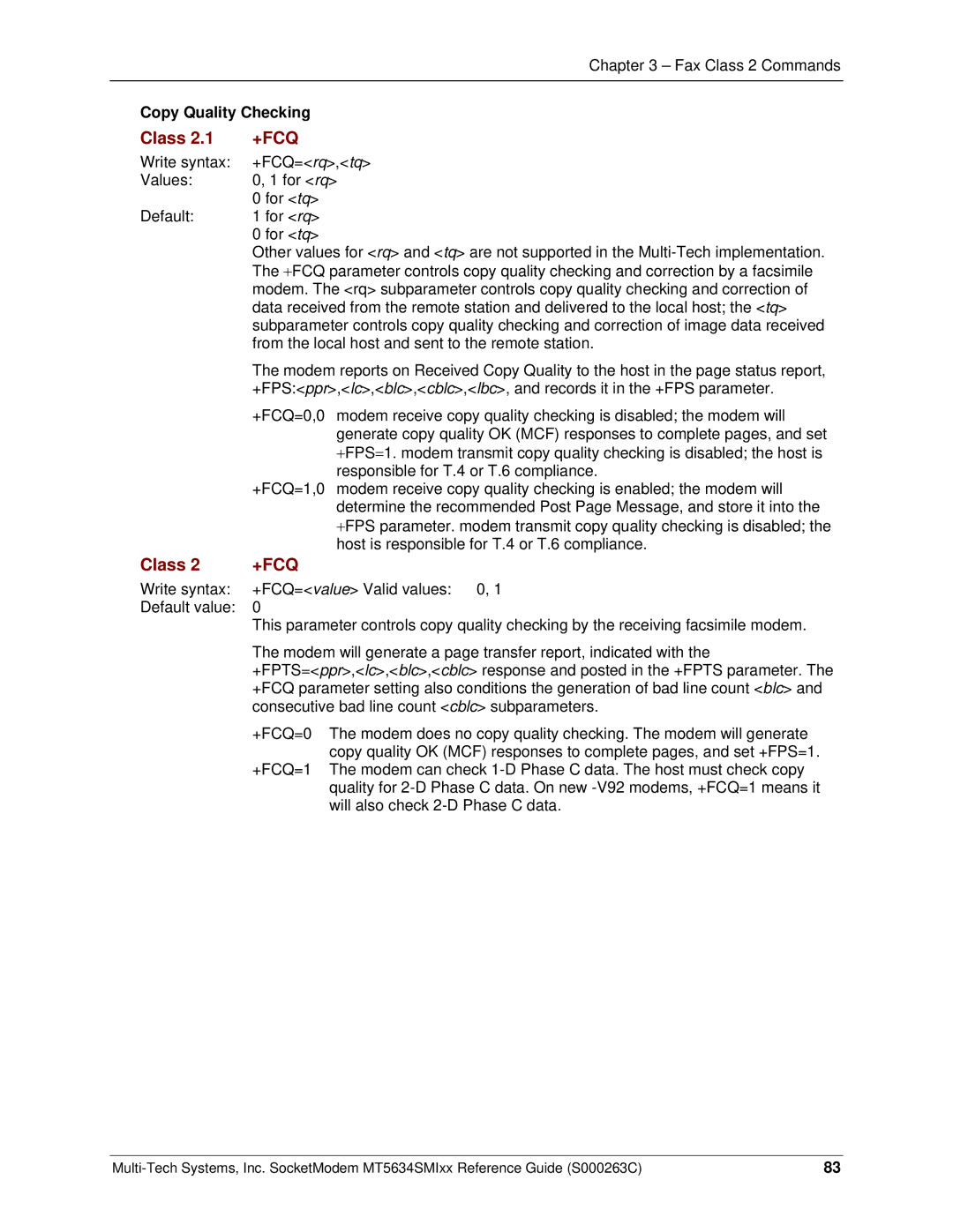 Multi-Tech Systems MT5634SMI V.34, MT5634SMI V.92 manual +Fcq, Copy Quality Checking 