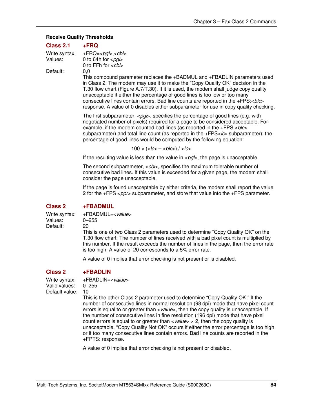 Multi-Tech Systems MT5634SMI V.92, MT5634SMI V.34 manual +Frq, +Fbadmul, +Fbadlin, Receive Quality Thresholds 