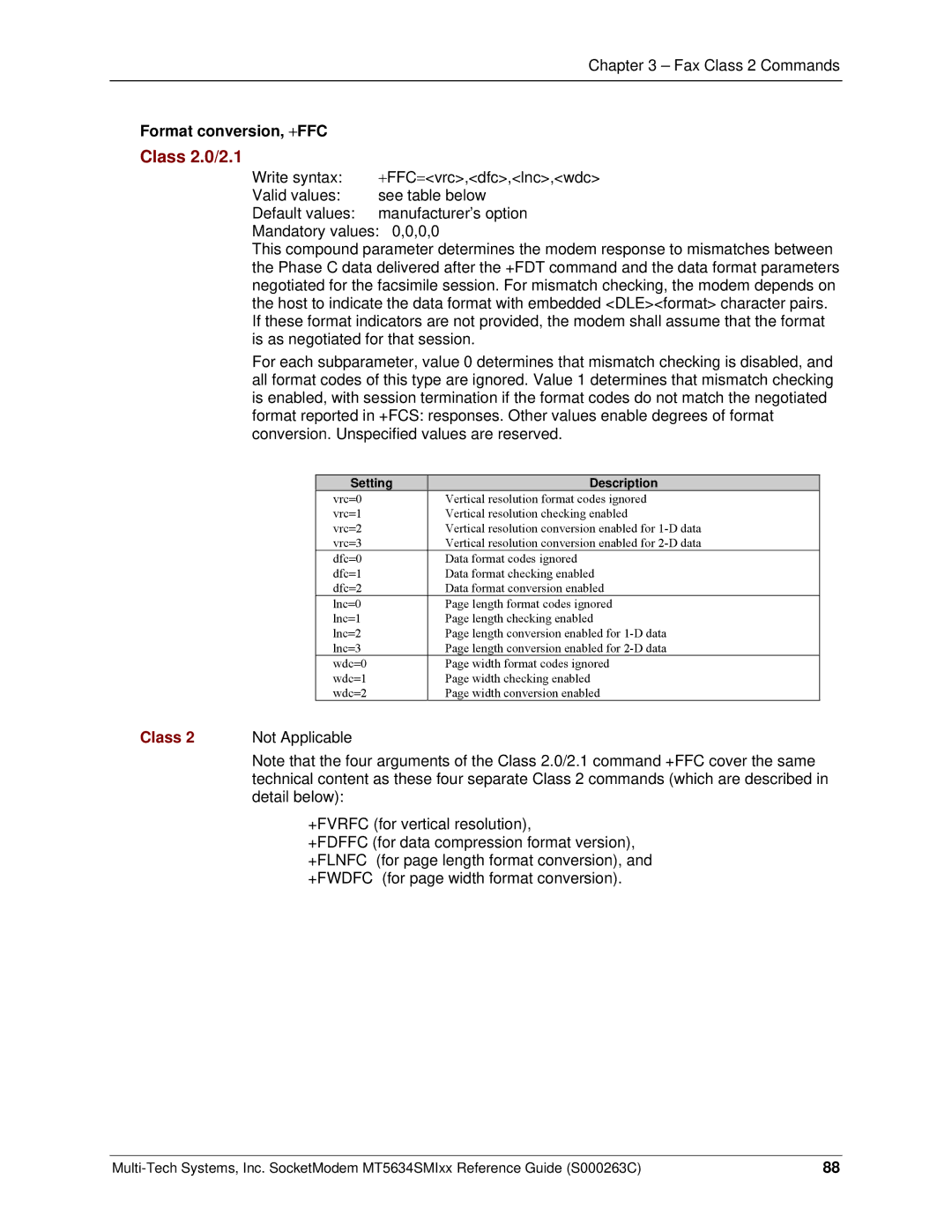 Multi-Tech Systems MT5634SMI V.92, MT5634SMI V.34 manual Class 2.0/2.1, Format conversion, +FFC 