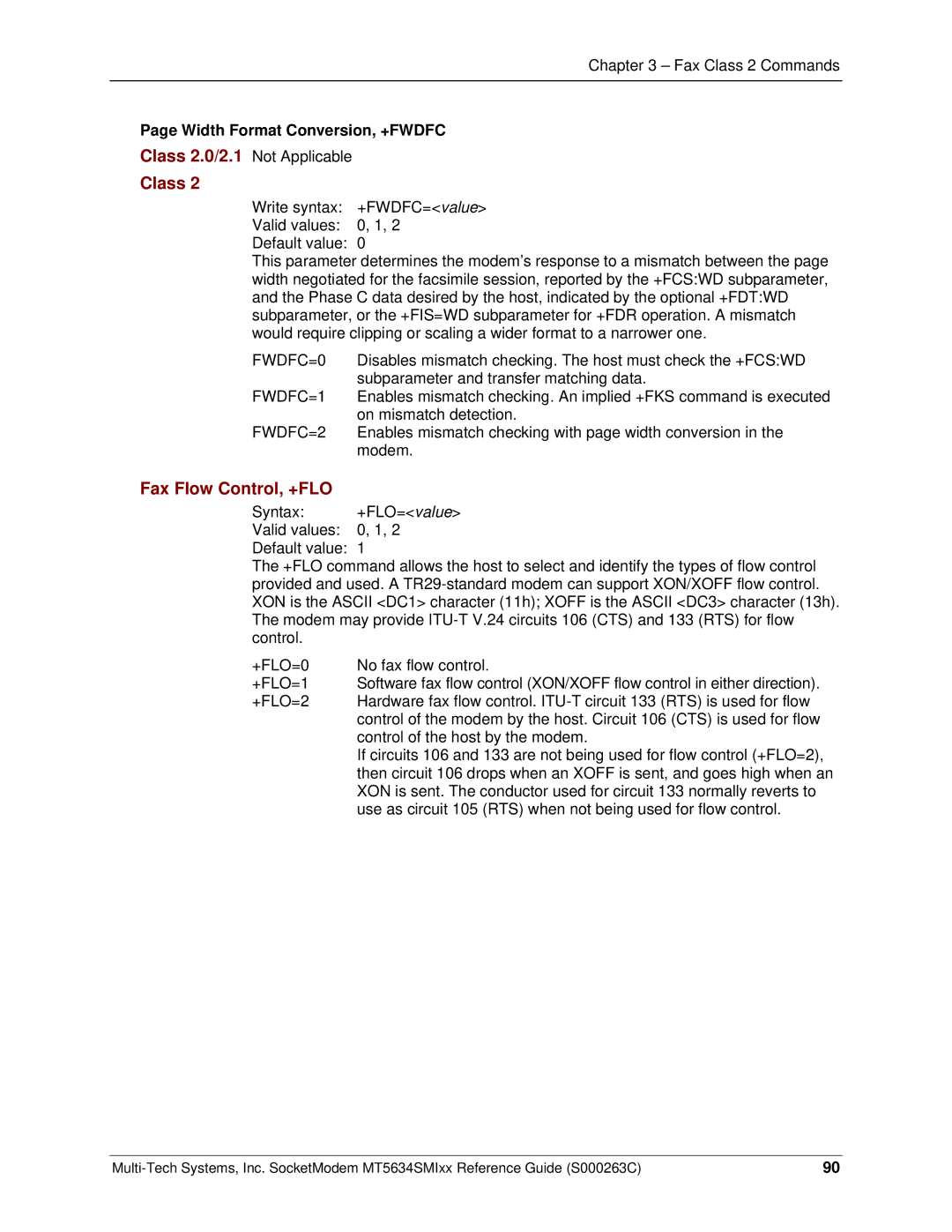 Multi-Tech Systems MT5634SMI V.92 manual Fax Flow Control, +FLO, Width Format Conversion, +FWDFC, FWDFC=0, FWDFC=1, FWDFC=2 