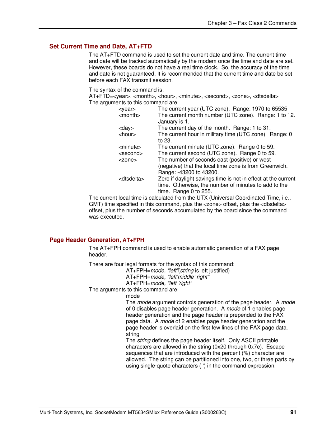 Multi-Tech Systems MT5634SMI V.34, MT5634SMI V.92 manual Set Current Time and Date, AT+FTD, Header Generation, AT+FPH 