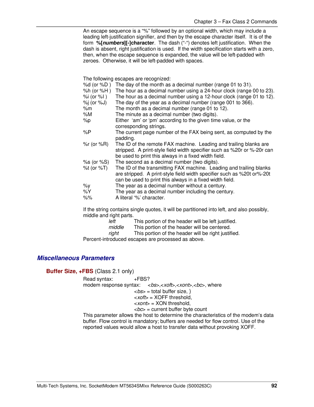 Multi-Tech Systems MT5634SMI V.92, MT5634SMI V.34 manual Miscellaneous Parameters, Buffer Size, +FBS Class 2.1 only 