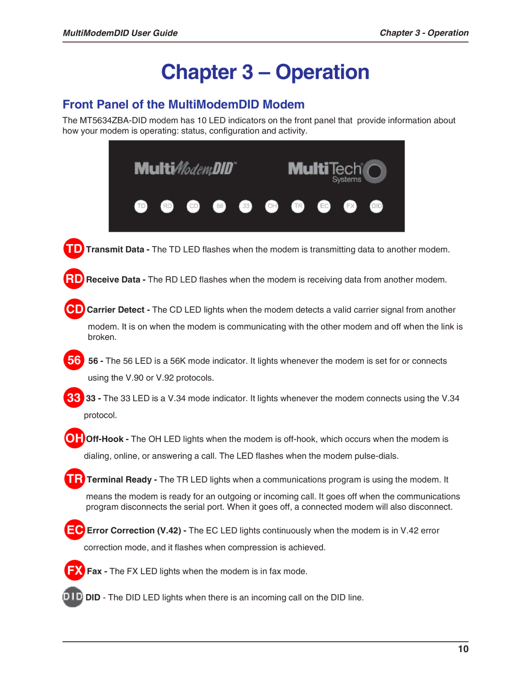 Multi-Tech Systems MT5634ZBA-DID manual Operation, Front Panel of the MultiModemDID Modem 