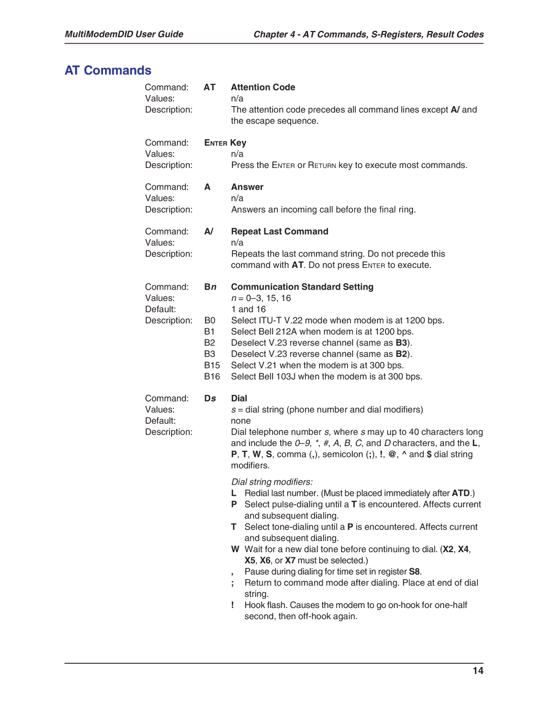 Multi-Tech Systems MT5634ZBA-DID manual AT Commands, Answer, Repeat Last Command, Communication Standard Setting, Dial 