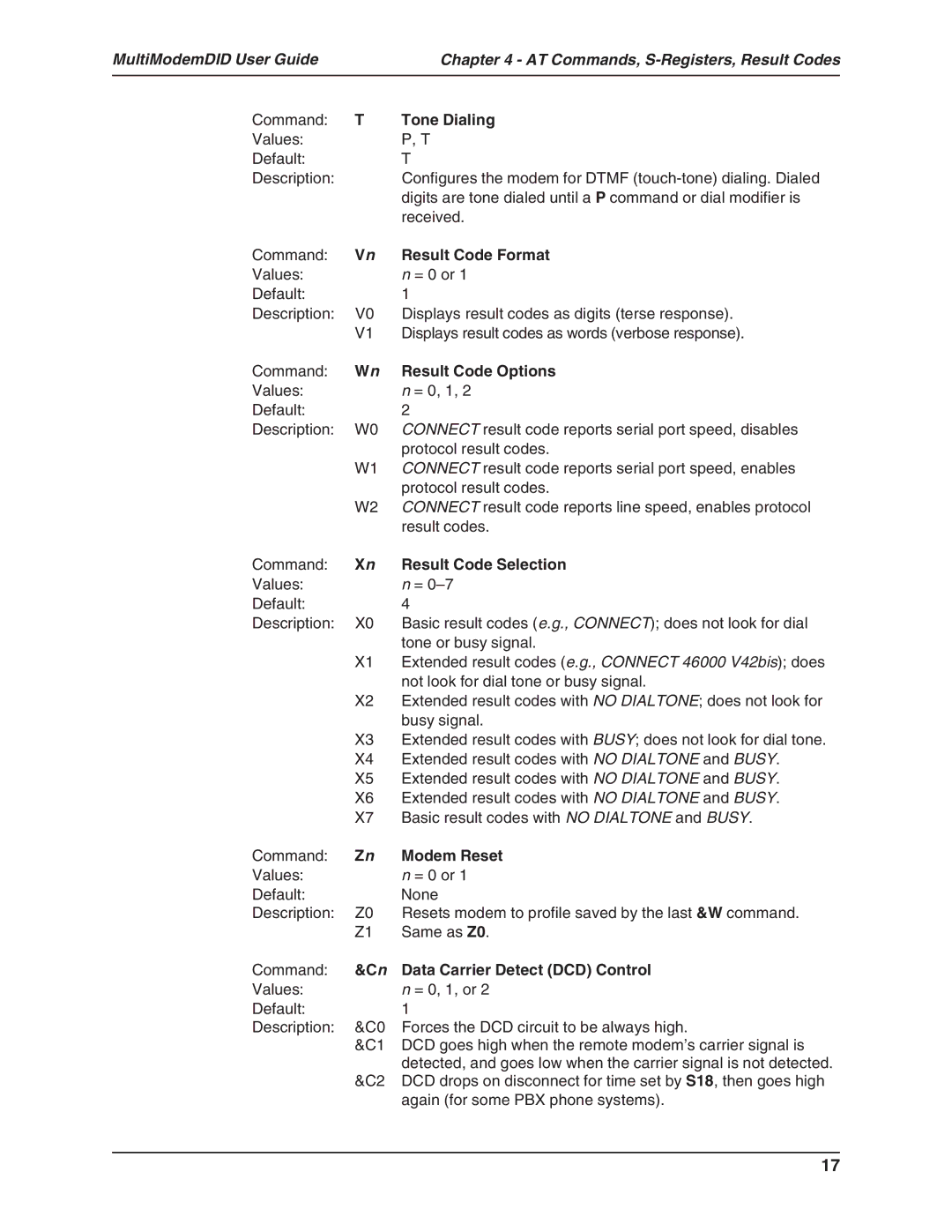 Multi-Tech Systems MT5634ZBA-DID Tone Dialing, Result Code Format, Result Code Options, Result Code Selection, Modem Reset 