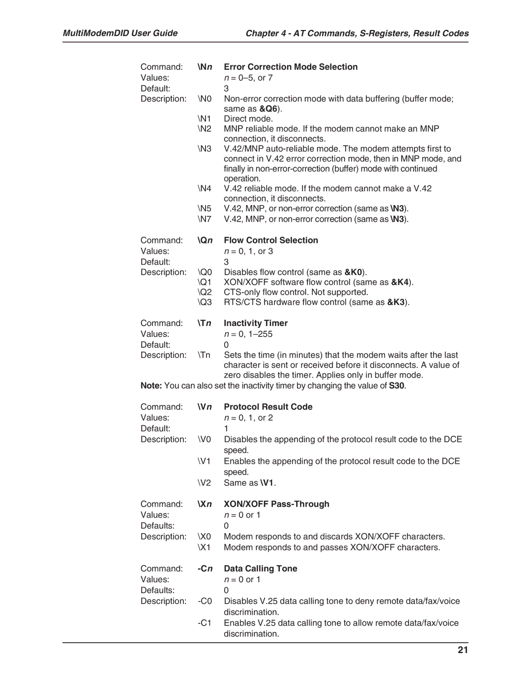 Multi-Tech Systems MT5634ZBA-DID manual Nn Error Correction Mode Selection, Qn Flow Control Selection, Tn Inactivity Timer 