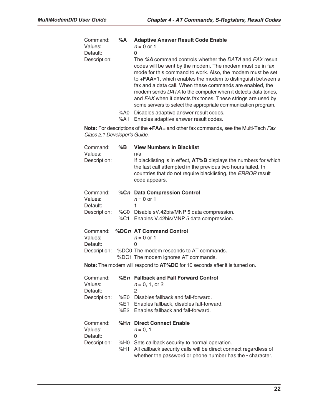 Multi-Tech Systems MT5634ZBA-DID Adaptive Answer Result Code Enable, View Numbers in Blacklist, Data Compression Control 