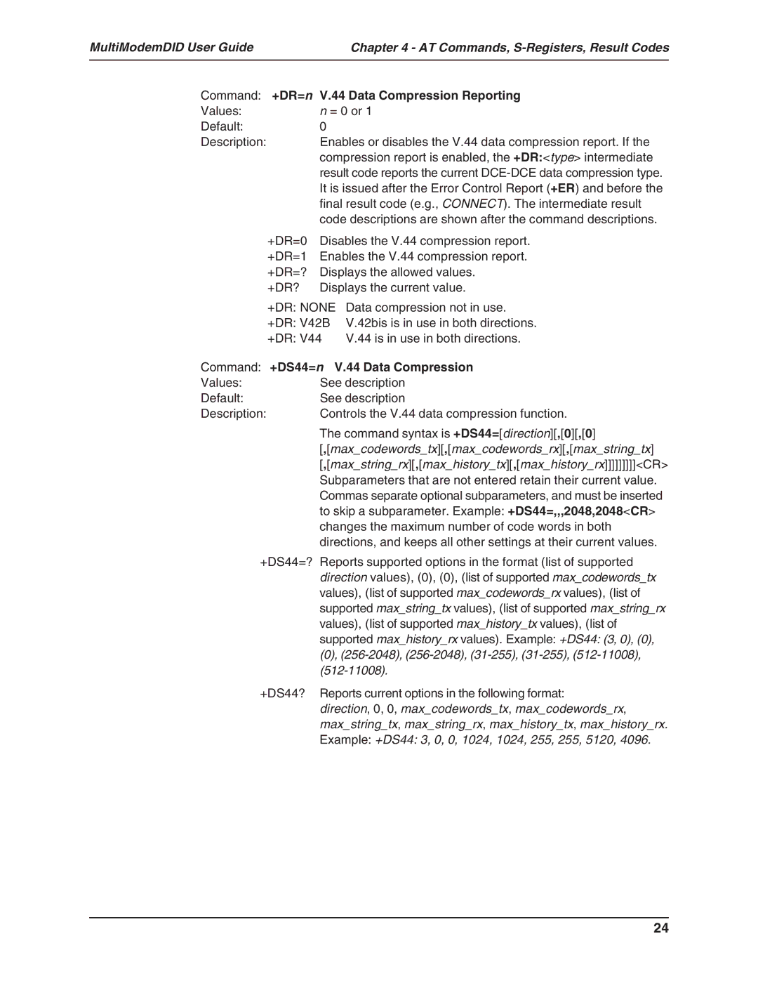 Multi-Tech Systems MT5634ZBA-DID manual Data Compression Reporting, Command +DS44=n V.44 Data Compression 