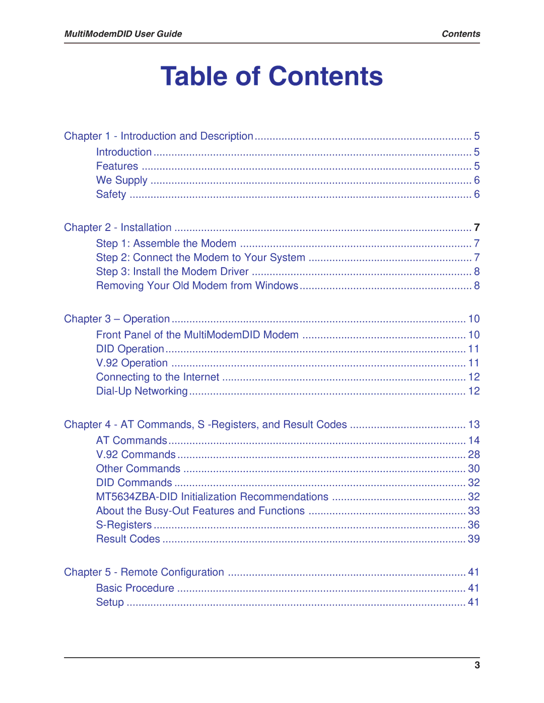 Multi-Tech Systems MT5634ZBA-DID manual Table of Contents 