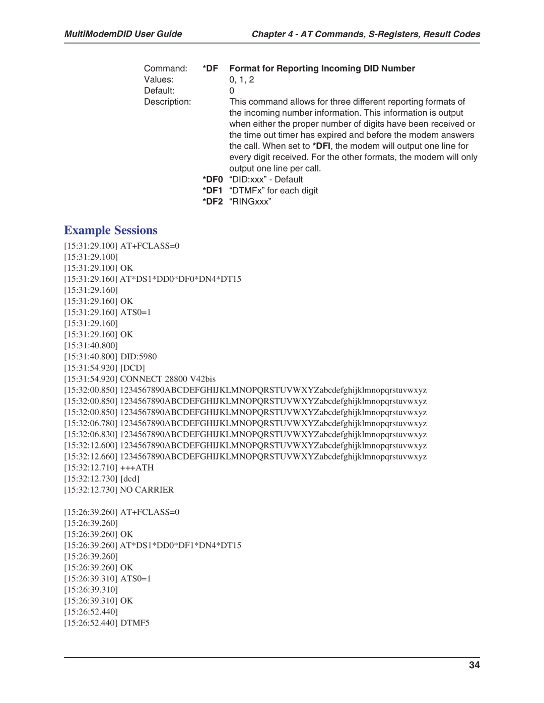 Multi-Tech Systems MT5634ZBA-DID manual Format for Reporting Incoming did Number, DF0, DF1, DF2 