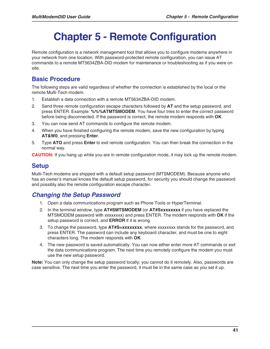 Multi-Tech Systems MT5634ZBA-DID manual Remote Configuration, Basic Procedure, Setup 