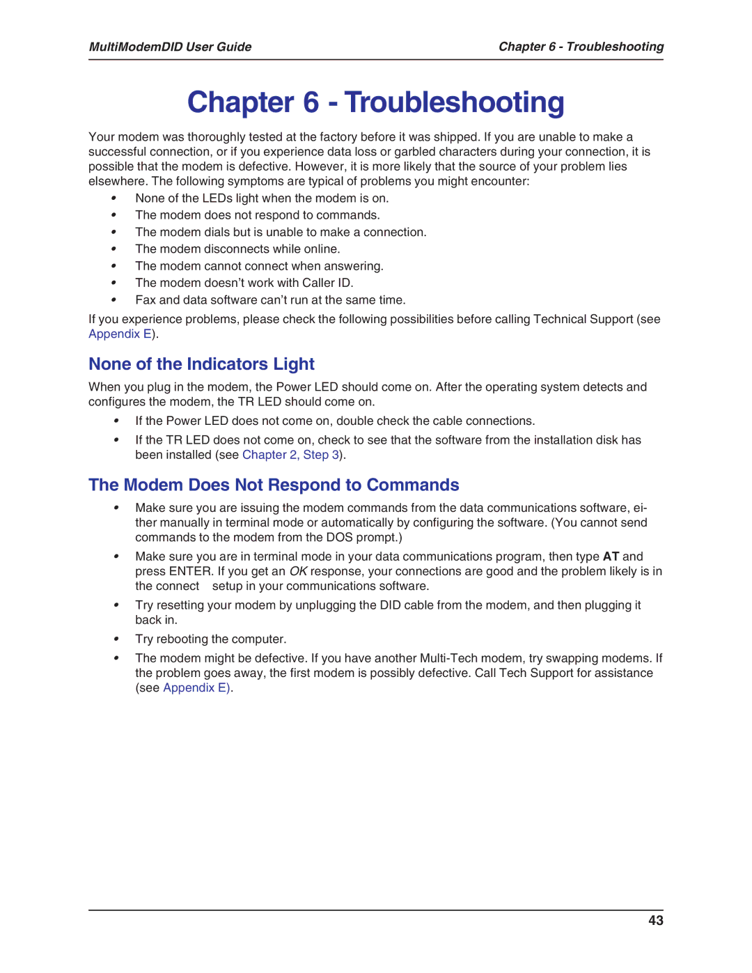 Multi-Tech Systems MT5634ZBA-DID manual Troubleshooting, None of the Indicators Light, Modem Does Not Respond to Commands 