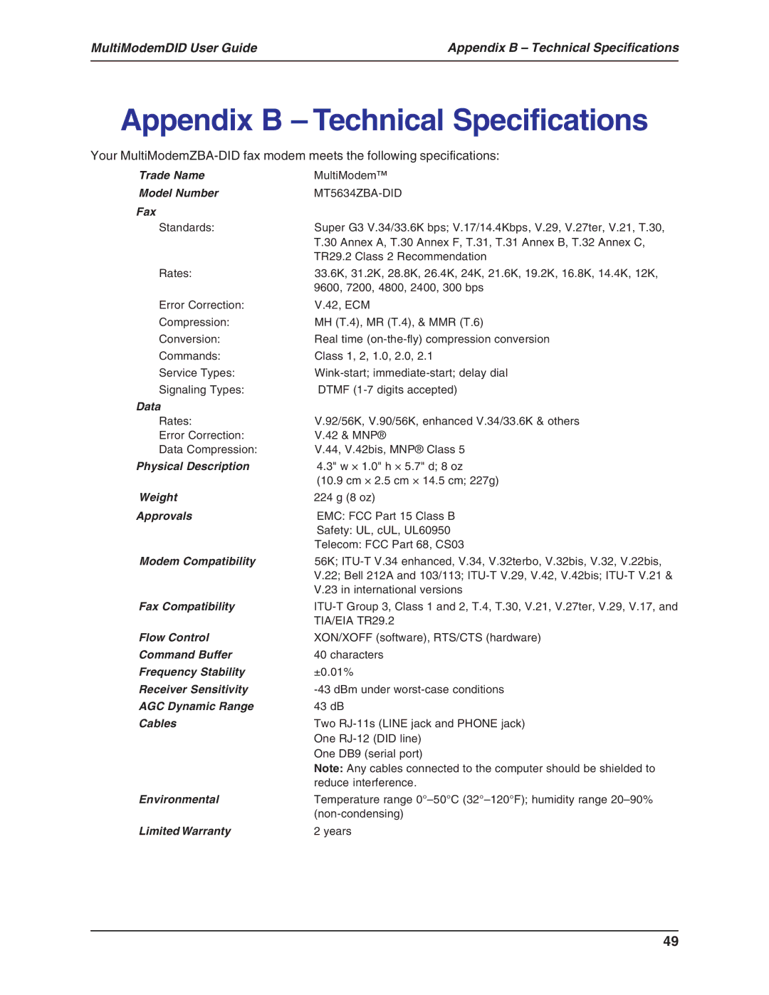 Multi-Tech Systems MT5634ZBA-DID manual Appendix B Technical Specifications, Fax 