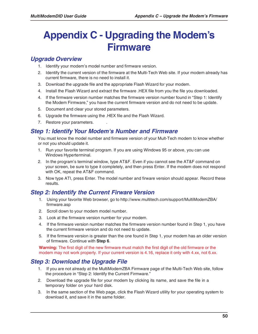 Multi-Tech Systems MT5634ZBA-DID manual Appendix C Upgrading the Modem’s Firmware, Upgrade Overview 